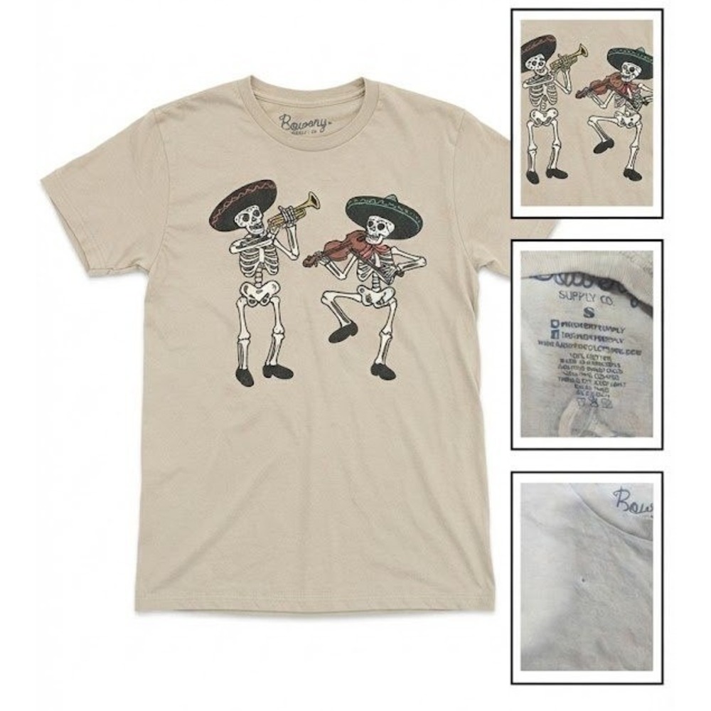Bowery Supply Co Mariachi Skeleton Graphic T Shirt Mens Small Beige Tee